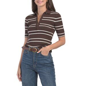 ELIE TAHARI DARK CHOCOLATE Elbow Sleeve Half Zip Striped Pull Over Top